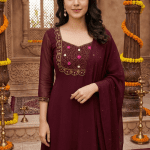 Georgette Flared Umbrella Kurti Dupatta Set(COFFEE BROWN)