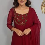 Georgette Flared Umbrella Kurti Dupatta Set (MAROON)