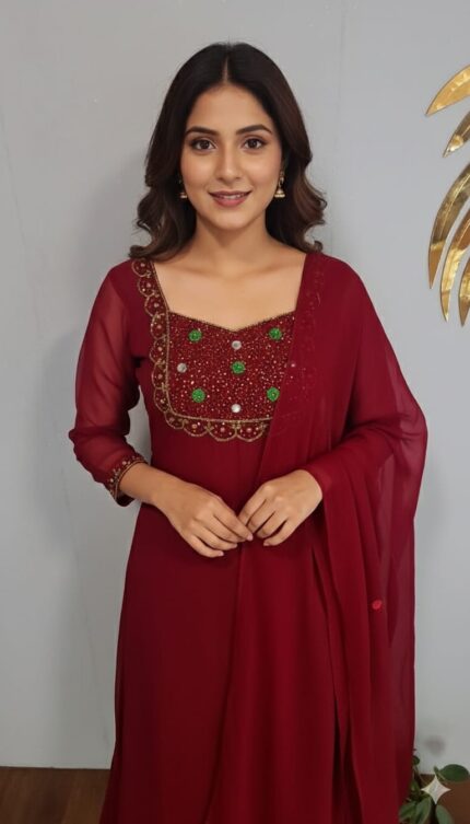 Georgette Flared Umbrella Kurti Dupatta Set (MAROON)