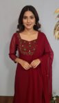 Georgette Flared Umbrella Kurti Dupatta Set (MAROON)