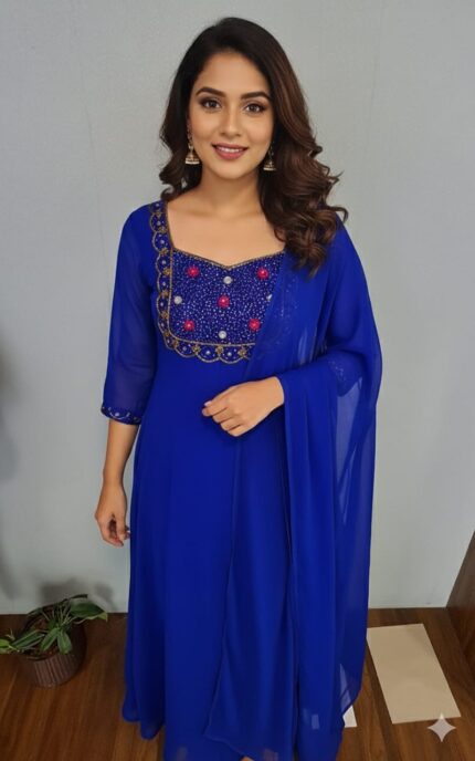 Georgette Flared Umbrella Kurti Dupatta Set (ROYAL BLUE)